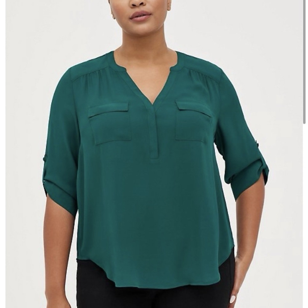 Torrid Harper Dark Green Georgette 3/4 Sleeve Pullover Blouse Size‎ 1X Office
